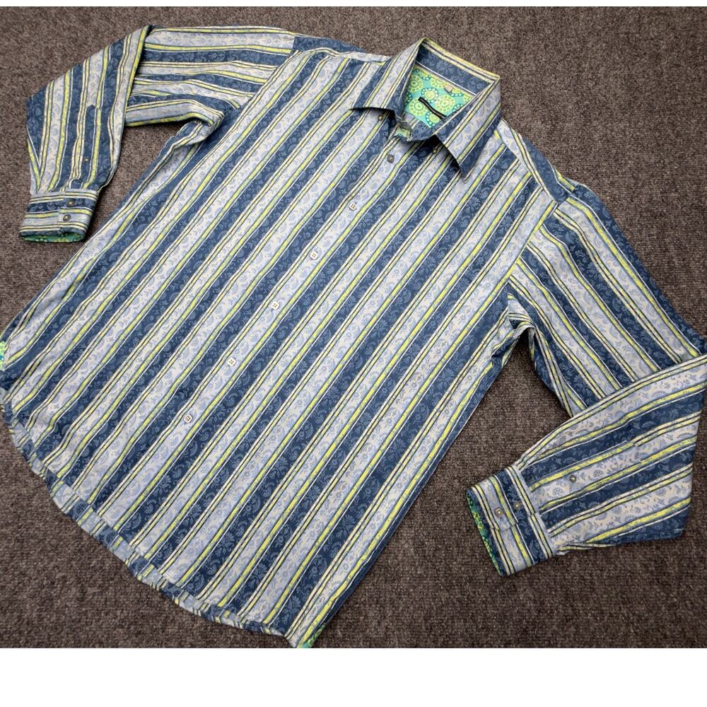 Visconti Uomo Shirt Mens L Blue Stripe Paisley 2 Ply Mercerized Cotton